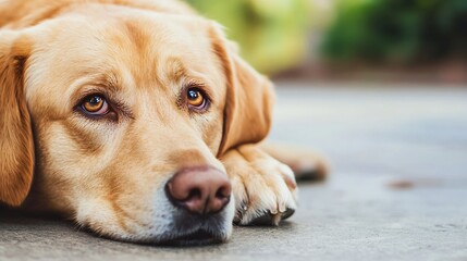 Poster - Adorable golden retriever dog resting with a thoughtful expression on a sunny day : Generative AI