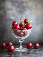 Poster - Fresh ripe red grapes in a vintage glass bowl against a textured background for a healthy dessert : Generative AI