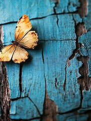 Poster - Beautiful orange butterfly perched on a textured blue wooden background showcasing nature's artistry : Generative AI