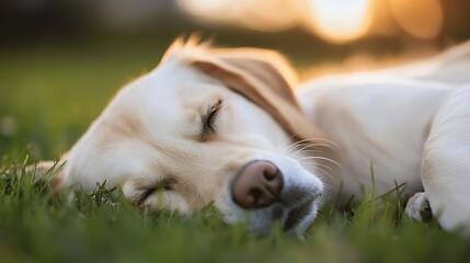 Aufkleber - Resting Golden Retriever Dog Napping Peacefully on Grass in Natural Setting Capturing Pet Moments : Generative AI