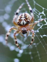 Poster - Detailed close up of a vibrant spider weaving a delicate web highlighting intricate patterns in nature : Generative AI