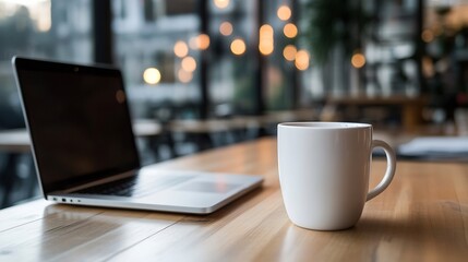 Leinwandbilder - Casual workspace featuring a laptop and coffee cup on a wooden table with a cozy ambiance : Generative AI