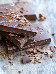 Aufkleber - Delicious dark chocolate pieces piled on wooden surface showcasing rich cocoa texture and shavings : Generative AI