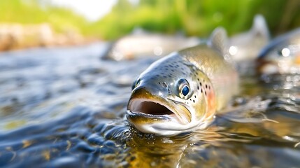 Poster - Close up of healthy rainbow trout fish swimming in clean river water with vibrant colors : Generative AI