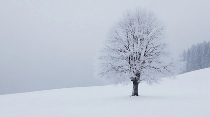Poster - Lonely snowcovered tree standing majestically in a winter wonderland with a foggy backdrop of nature : Generative AI