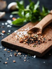 Poster - Colorful assortment of spices and herbs on wooden cutting board ready for cooking : Generative AI