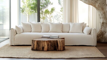 Poster - Modern and stylish living room featuring a cozy white sofa and a rustic wooden coffee table with indoor greenery : Generative AI