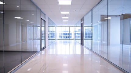 Aufkleber - Modern and spacious office corridor bathed in natural light with sleek glass walls and contemporary design : Generative AI