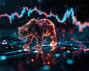 Poster - a digital bear representing a market downturn with vibrant orange and blue lights, set against a bac