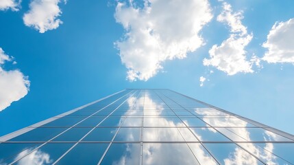 Poster - Reflective glass facade of a tall building under a bright blue sky with fluffy clouds : Generative AI