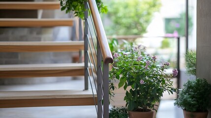 Poster - Inviting indoor staircase adorned with vibrant potted plants creating a serene atmosphere : Generative AI
