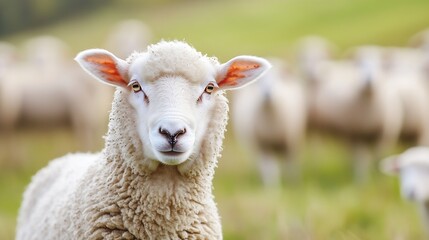 Poster - Adorable sheep with fluffy wool standing proudly in a green pasture with flock in the background : Generative AI