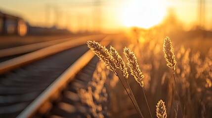 Aufkleber - Golden Sunset Over Wheat Field Next to Train Rails with Blurred Background : Generative AI