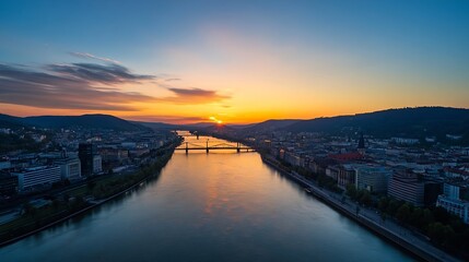 Poster - A picturesque sunset view over a river with bridges and buildings reflecting beautiful colors : Generative AI