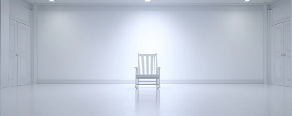 Poster - solitary wooden chair in empty white room, contemporary art installation, perfect balance, modernist