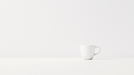 Poster - single coffee cup on a white table, soft morning light, cozy simplicity, warm and inviting, serene atmosphere, gentle color tones, artistic negative space, peaceful solitude, editorial photography,
