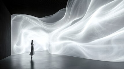 Poster - A lone figure stands in awe before a sweeping display of ethereal white waves, their motion creating a sense of tranquility and wonder in a tranquil environment