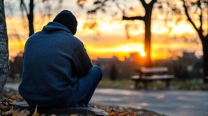 Poster - Contemplative individual sitting quietly at sunset reflecting on life in a peaceful park : Generative AI