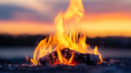 Aufkleber - Beautifully lit campfire with glowing flames at sunset creating a warm ambiance : Generative AI