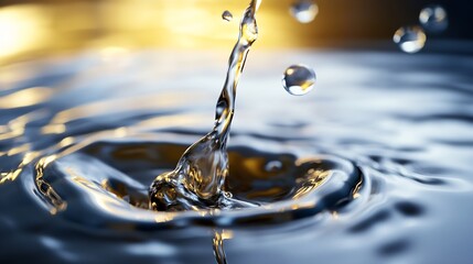 Poster - Closeup of water droplets creating ripples in a serene pool with golden reflections : Generative AI