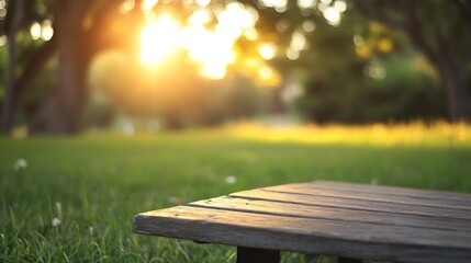 Aufkleber - Sunny Outdoor Scene with Wooden Table Surrounded by Green Grass and Dappled Light : Generative AI