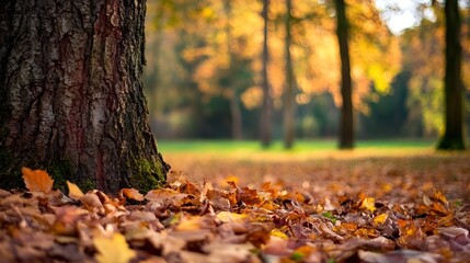 Aufkleber - Autumn landscape with vibrant orange and yellow leaves covering the ground at a peaceful park : Generative AI