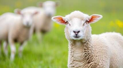 Poster - Close-Up Portrait of an Adorable Sheep in a Green Pasture : Generative AI