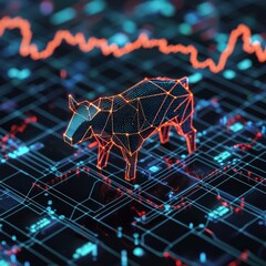 Poster - A 3D digital bull representing financial growth stands on a high-tech background. It illustrates the dynamic nature of stock markets, investments, and data analytics.