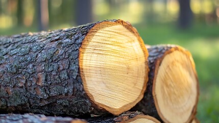 Aufkleber - Close-Up of Freshly Cut Tree Logs Stacked Neatly in a Sunlit Forest Setting Capturing Natural Texture : Generative AI