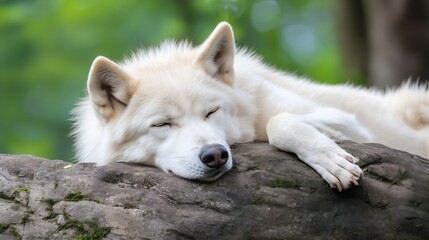 Aufkleber - Gentle White Arctic Wolf Resting Peacefully on a Rock in Nature : Generative AI