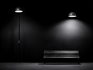 Poster - solitary street bench under a lamplight, moody urban night scene, cinematic noir aesthetic, soft glo