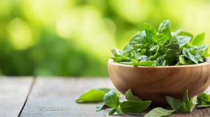 Poster - Freshly Harvested Basil and Herbs in Wooden Bowl on Rustic Table with Blurred Green Background : Generative AI