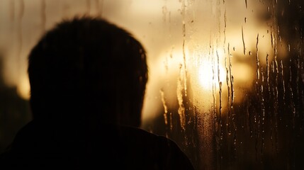 Aufkleber - Silhouette of person looking out through glass window with condensation at sunset : Generative AI