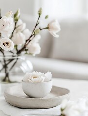 Leinwandbilder - Aesthetic arrangement of delicate white flowers in a simple ceramic bowl placed on a soft table cloth : Generative AI