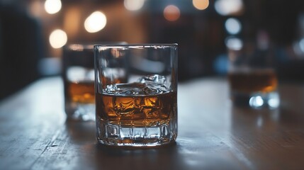Aufkleber - Whiskey Glasses with Ice Cubes on Table in a Cozy Bar Setting for Relaxation : Generative AI