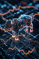 Poster - A striking digital bull representing financial growth and investment trends, surrounded by vibrant data graphs and futuristic technology elements.