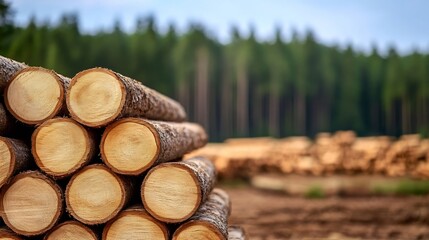 Aufkleber - Stacked Logs Ready for Transport in a Lush Forest Setting Surrounded by Tall Trees : Generative AI