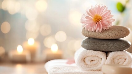 Poster - Zen Spa Setting with Smooth Stones and Pink Flower on Soft Towel Background : Generative AI