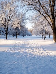 Poster - Winter Wonderland Path Through Snow Covered Trees Under a Bright Sky : Generative AI