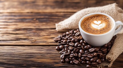 Poster - Artisan Coffee in a Stylish White Cup with Smooth Surface and Coffee Beans on Rustic Wooden Table : Generative AI