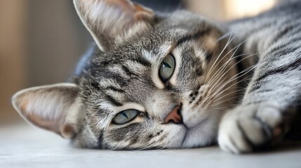 Poster - Adorable tabby cat resting peacefully with captivating green eyes in cozy indoor setting : Generative AI