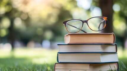 Poster - Stack of colorful books with stylish glasses resting on top in a peaceful outdoor garden setting : Generative AI