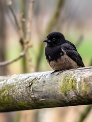 Poster - Charming black bird perched on rustic branch captured in nature with detailed feathers and texture : Generative AI