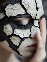 Poster - An artistic representation of a face covered in cracked paint that evokes emotions of fragility and resilience : Generative AI