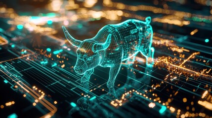 Poster - A futuristic digital bull designed with neon lines stands on a circuit board background, symbolizing financial growth and technological innovation in trading.