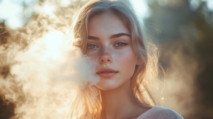 Poster - A young woman gazes softly into the distance, her features illuminated by warm sunlight. Mist envelops her, creating an ethereal atmosphere that enhances her tranquil expression