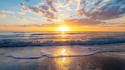 Aufkleber - Stunning Sunset Over Calm Ocean Waves with Golden Sky Reflections and Beach Vibes : Generative AI