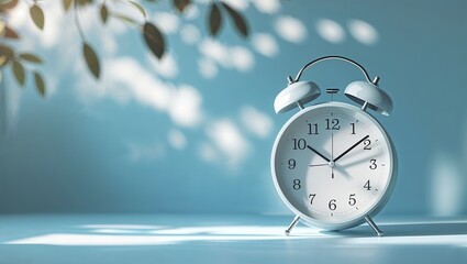 Poster - classic white alarm clock displaying time in a serene setting with soft light and shadows in the bac