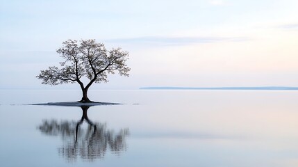 Poster - Lonely Tree Standing on the Shoreline Mirrored in Calm Water at Sunrise or Sunset : Generative AI