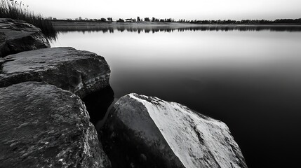 Aufkleber - Tranquil black and white landscape with stones by serene lake at dusk : Generative AI